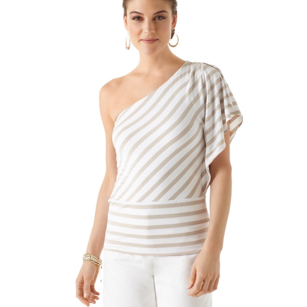 WHBM | NWT Striped Neutral One Shoulder Top